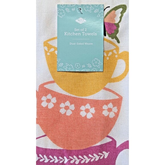 Ritz Joyful Tea Stack Kitchen Towels Pink Orange Yellow Teacups Cotton 2-Pc Gift - Picture 3 of 5